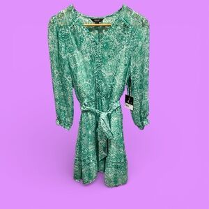 Cute NWT mint tattoo floral sheer ruffle dress tie waist v-neck lined midi/mini